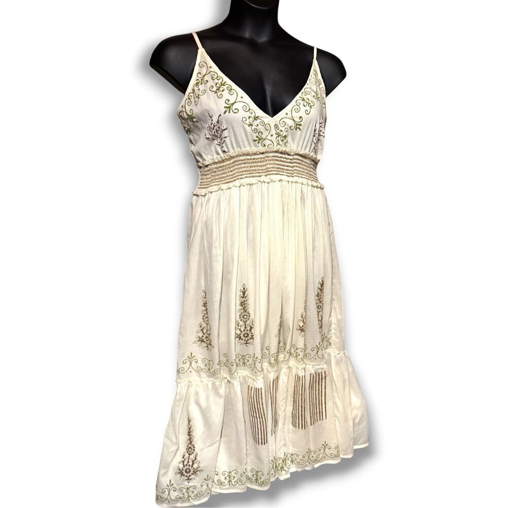 POLโBoho Embroidered Smocked Waist Midi Dress Cream Cottagecore Cami Dress NEW - Picture 13 of 16